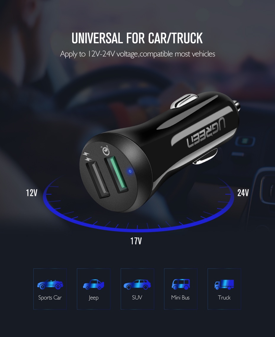 фото Автомобильная зарядка Ugreen Dual USB Car Charger A+QC3.0 Black