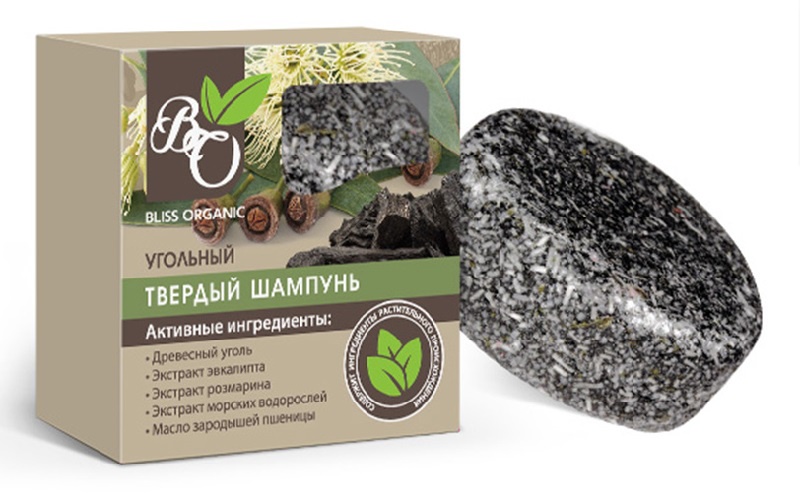 фото твердый шампунь Bliss organic "угольный" для всех типов волос, 63 гр