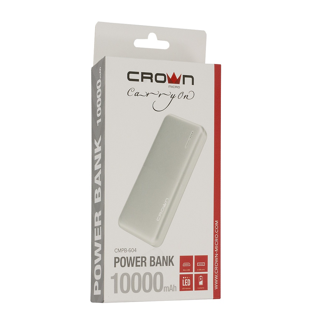 фото Внешний аккумулятор Crown Micro CMPB-604, 10000 mAh, Li-Pol, вход: micro-USB-5В/2А; выход: USB-5В/2А)