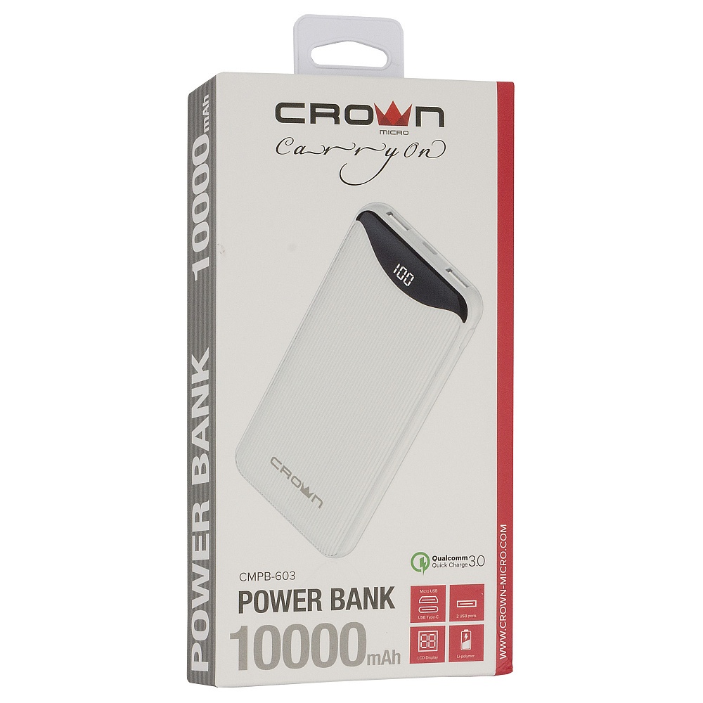 фото Внешний аккумулятор Crown Micro CMPB-603 10000mAh, QC3.0, Power Delivery 18W, цифровой дисплей.