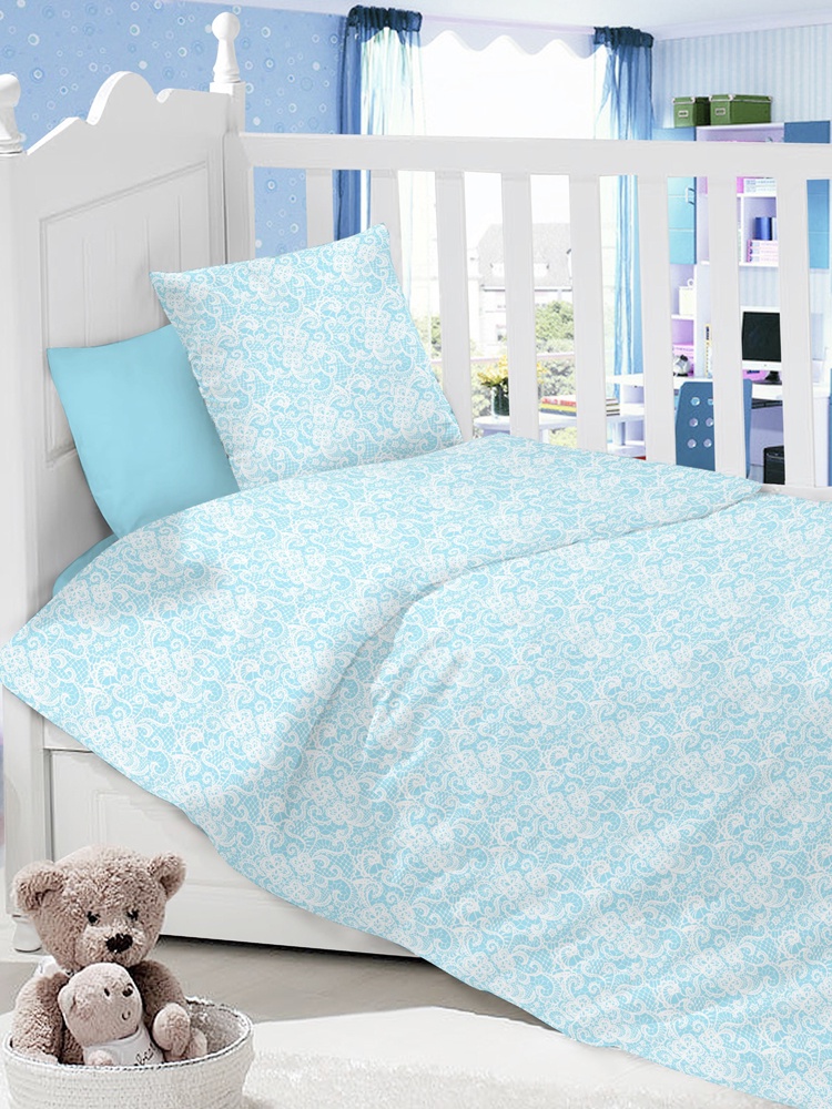 фото Комплект постельного белья в детскую кроватку LIMETIME "Ажур голубой", сатин, 100% хлопок, пр. на резинке 60х120, под-к 112х147, н-ка 40х60