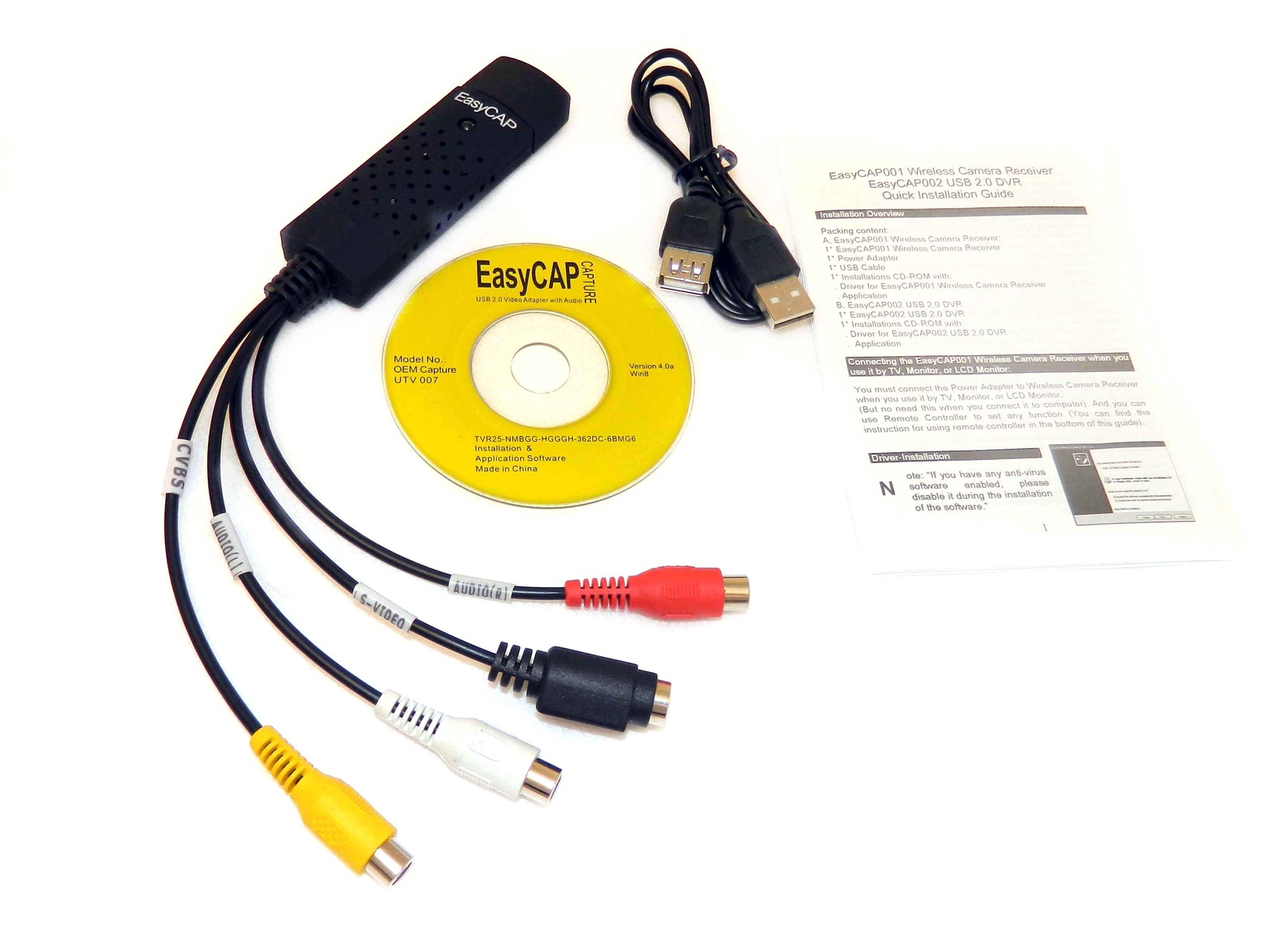 фото EUsbRcaSv, Usb 2.0 to RCA/S-video плата видеозахвата, чипсет UTV007 поддержка Android (TV DVD VHS AV аудио) для оцифровки видеокассет / вывести изображение с фотоаппарата, видеокамеры, видеомагнитофона vhs, с камер видеонаблюдения на компьютер, Espada