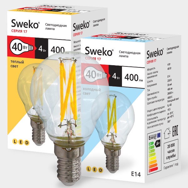 фото Лампочка Sweko 17LED-G45-4W-230-4000K-E14-CL, Холодный свет 4 Вт, Светодиодная