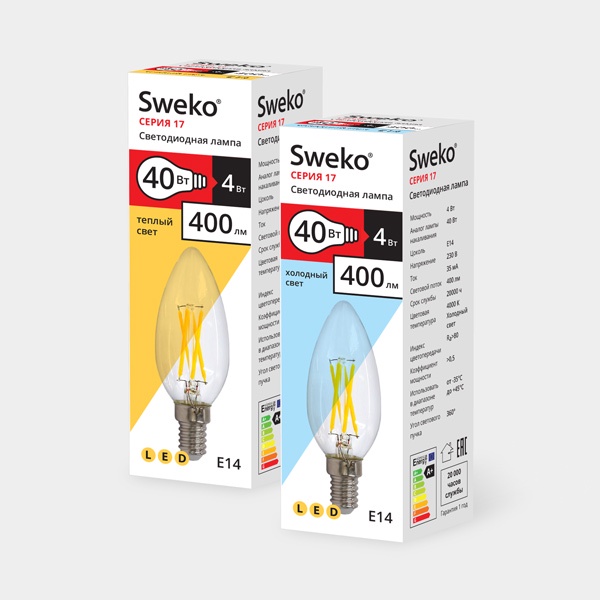 фото Лампочка Sweko 17LED-C35-4W-230-4000K-E14-CL, Холодный свет 4 Вт, Светодиодная