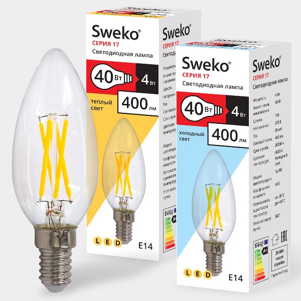 фото Лампочка Sweko 17LED-C35-4W-230-4000K-E14-CL, Холодный свет 4 Вт, Светодиодная