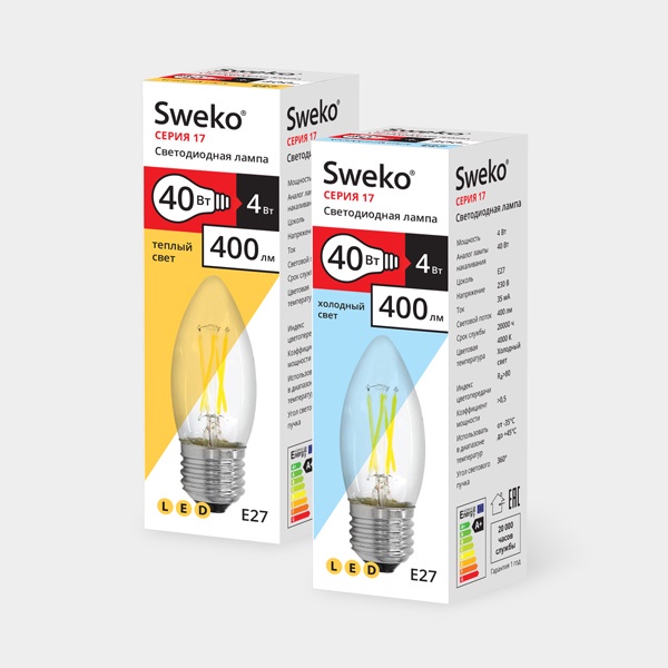 фото Лампочка Sweko 17LED-C35-4W-230-4000K-E27-CL, Холодный свет 4 Вт, Светодиодная