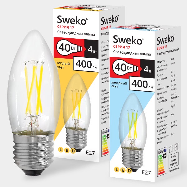 фото Лампочка Sweko 17LED-C35-4W-230-4000K-E27-CL, Холодный свет 4 Вт, Светодиодная