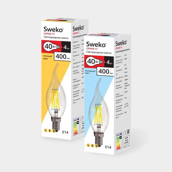 фото Лампочка Sweko 17LED-C35-4W-230-3000K-E14-TCL, Теплый свет 4 Вт, Светодиодная