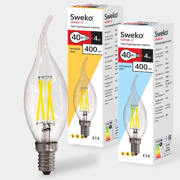 фото Лампочка Sweko 17LED-C35-4W-230-3000K-E14-TCL, Теплый свет 4 Вт, Светодиодная