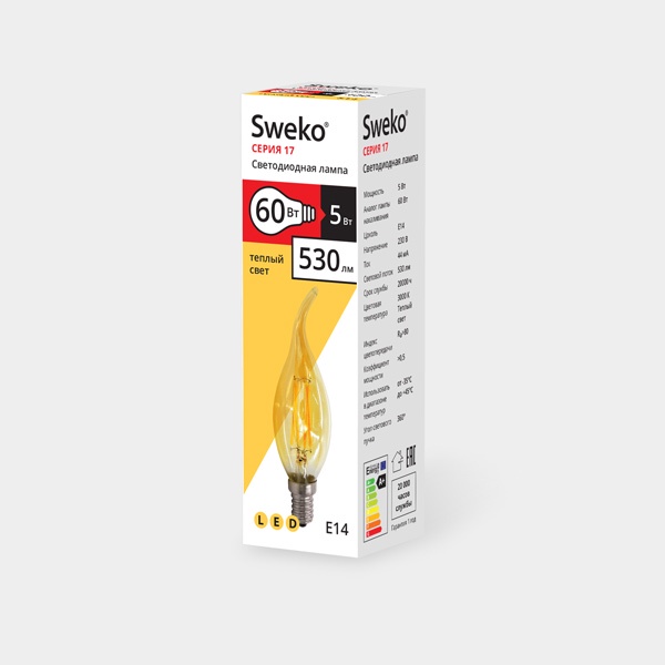 фото Лампочка Sweko 17LED-C35-5W-230-3000K-E14-TG, Теплый свет 5 Вт, Светодиодная