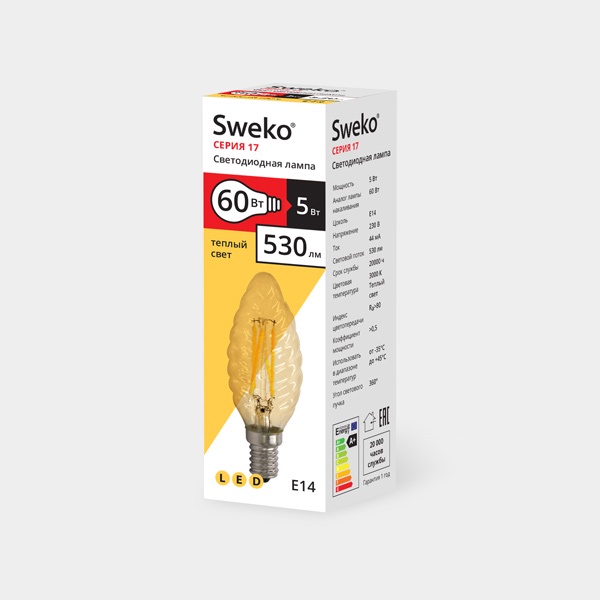 фото Лампочка Sweko 17LED-C35-5W-230-3000K-E14-WG, Теплый свет 5 Вт, Светодиодная