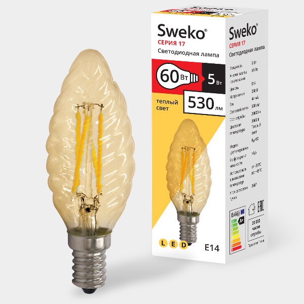 фото Лампочка Sweko 17LED-C35-5W-230-3000K-E14-WG, Теплый свет 5 Вт, Светодиодная