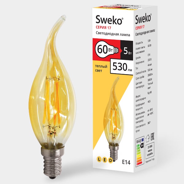 фото Лампочка Sweko 17LED-C35-5W-230-3000K-E14-TG, Теплый свет 5 Вт, Светодиодная