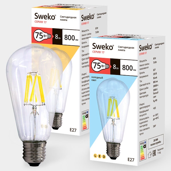 фото Лампочка Sweko 17LED-ST64-8W-230-3000K-E27-CL, Теплый свет 8 Вт, Светодиодная