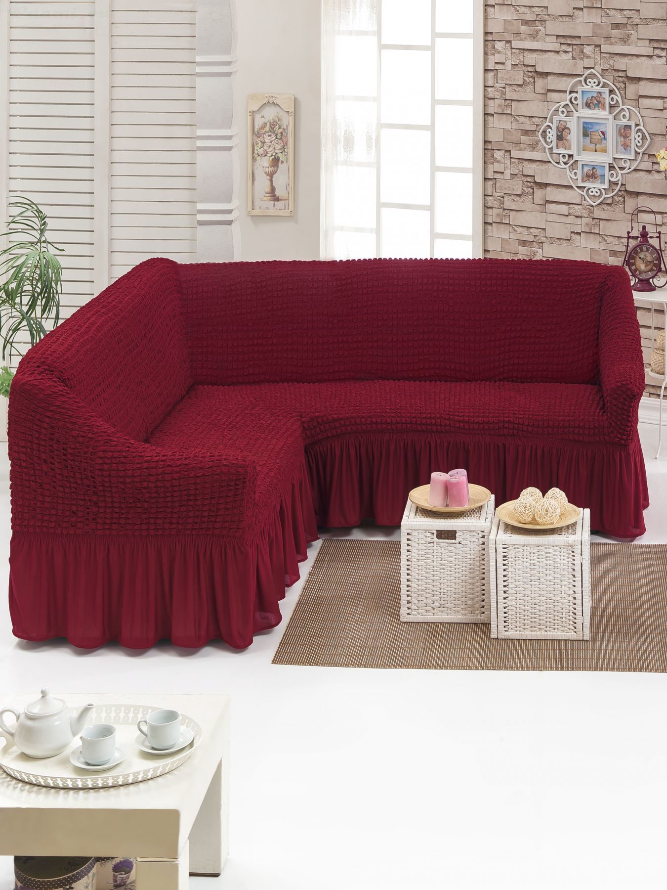 фото Еврочехол KARBELTEX на мягкую мебель угловой диван, бордовый