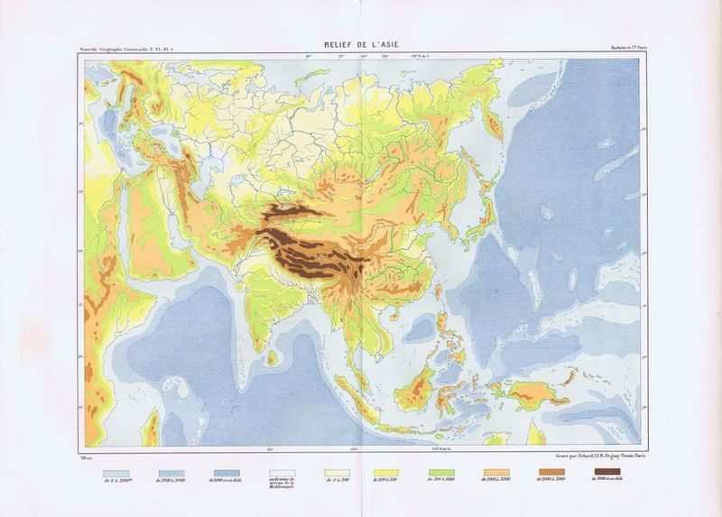 Рельеф Азии. Антикварная географическая карта (литография). Франция, 1881 г