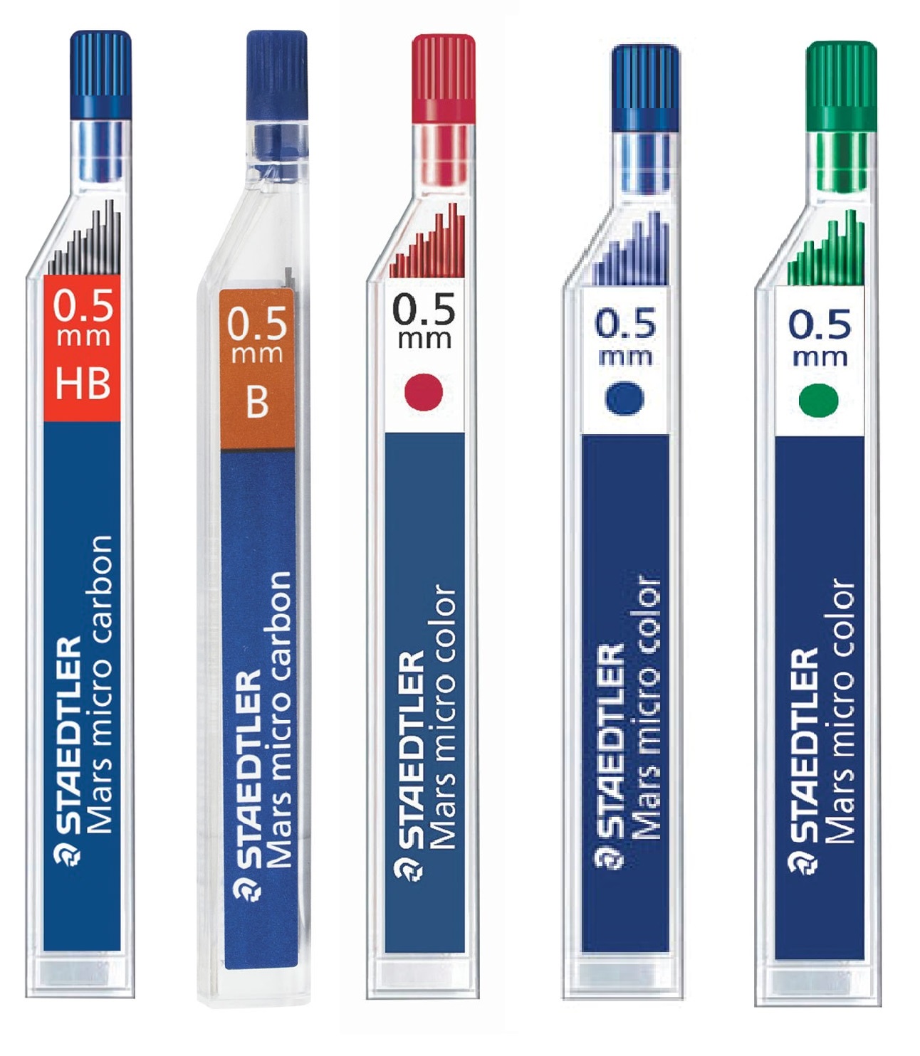 фото Грифели STAEDTLER В, НВ, КРАСНЫЕ, СИНИЕ, ЗЕЛЕНЫЕ, 0,5 мм, набор 5 упаковок по 12 шт.