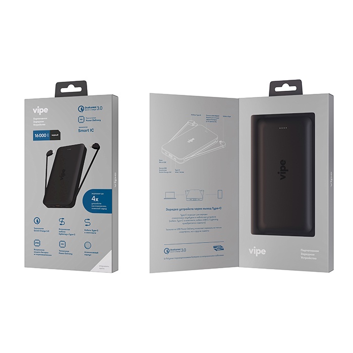 фото Vipe Внешний аккумулятор с кабелями USB Type-C и Lightning Twins QC 3.0 / PD 10000mAh VPPBTWINS10KBLK