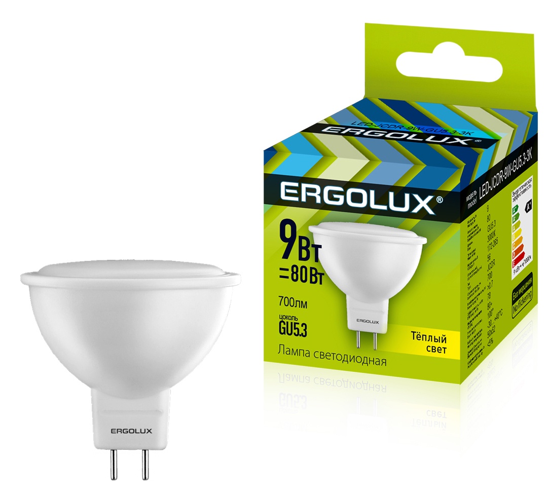 фото Лампочка Ergolux LED-JCDR-9W-GU5.3-3K, Теплый свет 9 Вт, Светодиодная