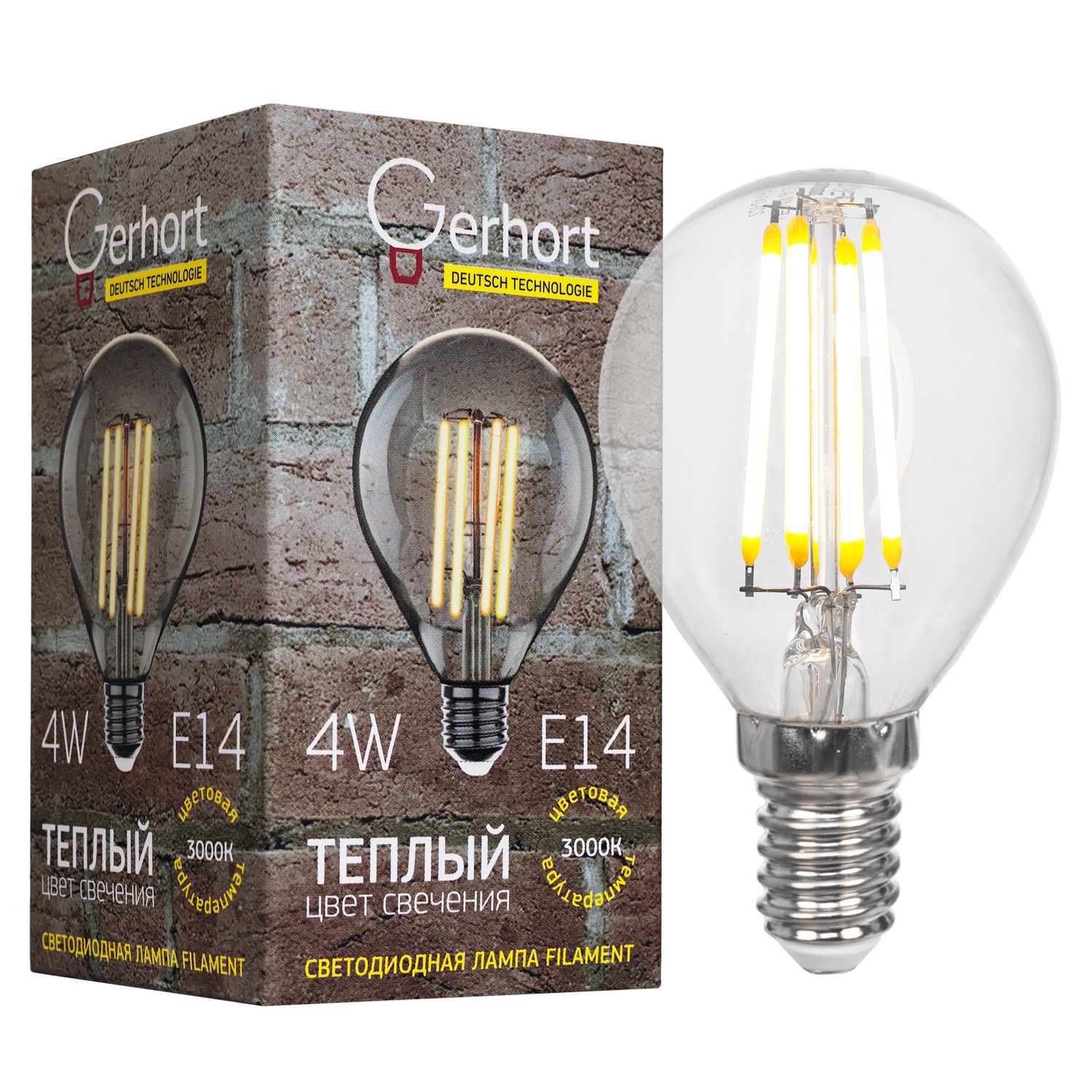 фото Лампочка Gerhort 4W G45 LEDFL 3000K E14, Теплый свет 4 Вт, Светодиодная