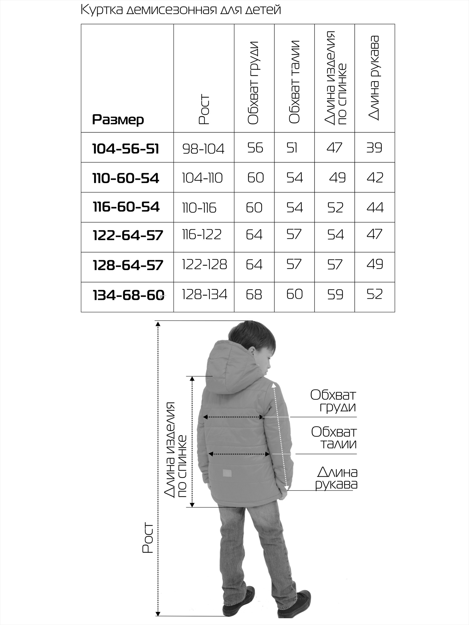 Размер детских курток таблица
