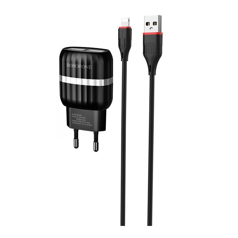 фото Сетевое зарядное устройство Borofone BA24A Vigour dual port charger set (Lightning) (EU) Black