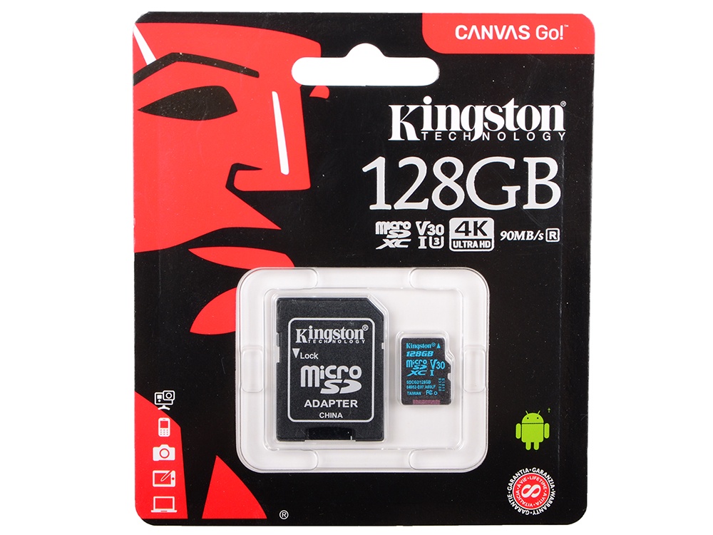 фото Карта памяти MicroSD 128GB Kingston Class 10 Canvas Go UHS-I U3 V30 + SD адаптер