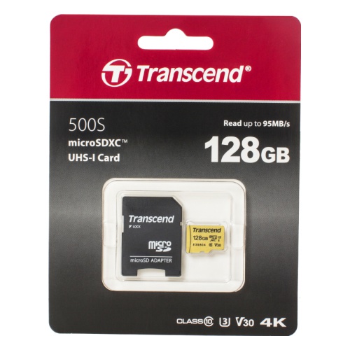 фото Карта памяти MicroSD 128GB Transcend 500S UHS-I U1 + SD адаптер, MLC