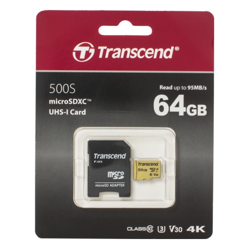 фото Карта памяти MicroSD 64GB Transcend 500S UHS-I U1 + SD адаптер, MLC