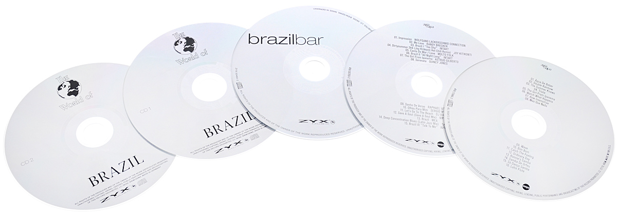 Brasil Lounge (5 CD). "Yellow Green And More",Рэнди Бреккер,Intakt,Джой Китиконти,"Molto Folk",Аструд Жильберто,Квинси Джонс,Dj Barbados,"D.N.A.","Tropical Deep","Progetto Tribale","Audio Lotion","Espirito","Mystic Diversions",Луиса Коста,Джо Висент,Оливия Оливейра,Лусио де Фрейтас,"Grupo Da Costa"
