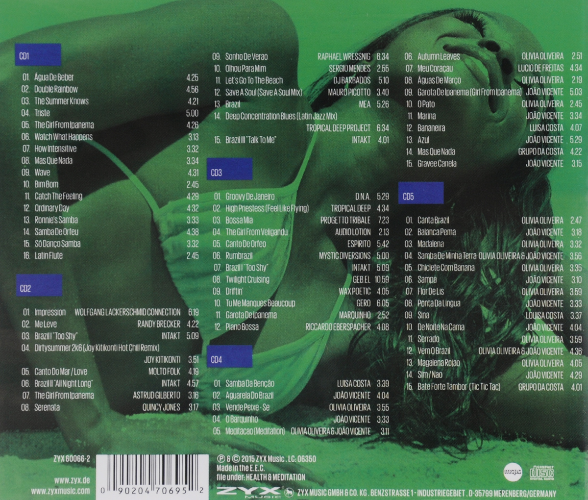 Brasil Lounge (5 CD). "Yellow Green And More",Рэнди Бреккер,Intakt,Джой Китиконти,"Molto Folk",Аструд Жильберто,Квинси Джонс,Dj Barbados,"D.N.A.","Tropical Deep","Progetto Tribale","Audio Lotion","Espirito","Mystic Diversions",Луиса Коста,Джо Висент,Оливия Оливейра,Лусио де Фрейтас,"Grupo Da Costa"
