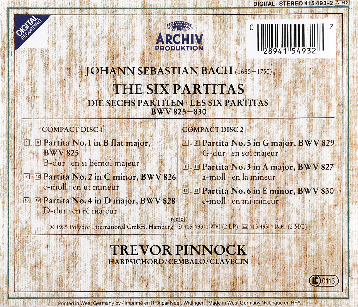 Trevor Pinnock. J. S. Bach. 6 Partitas (2 CD). Тревор Пиннок