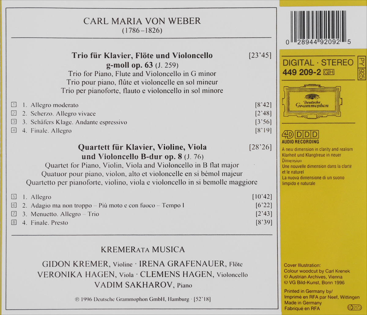 Carl Maria Von Weber. Trio Fur Klavier, Flote Und Violoncello / Klavierquartett. "Kremerata Musica"