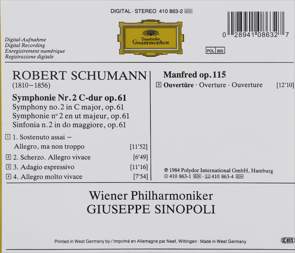 Giuseppe Sinopoli. Schumann. Symphony No. 2 / Manfred-Ouverture. Wiener Philharmoniker,Джузеппе Синополи