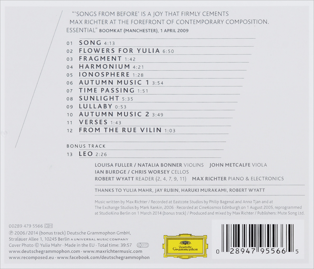 Max Richter. Songs From Before. Луиза Фуллер,Наталья Боннер,Джон Меткалф,Ян Бурге,Крис Ворсеу
