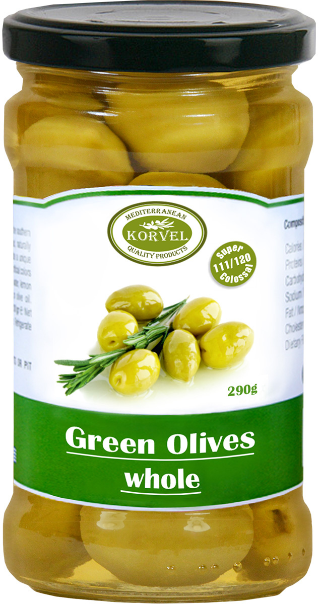 Korvel натуральные зеленые оливки с косточкой колоссал, 290 г — купить ...