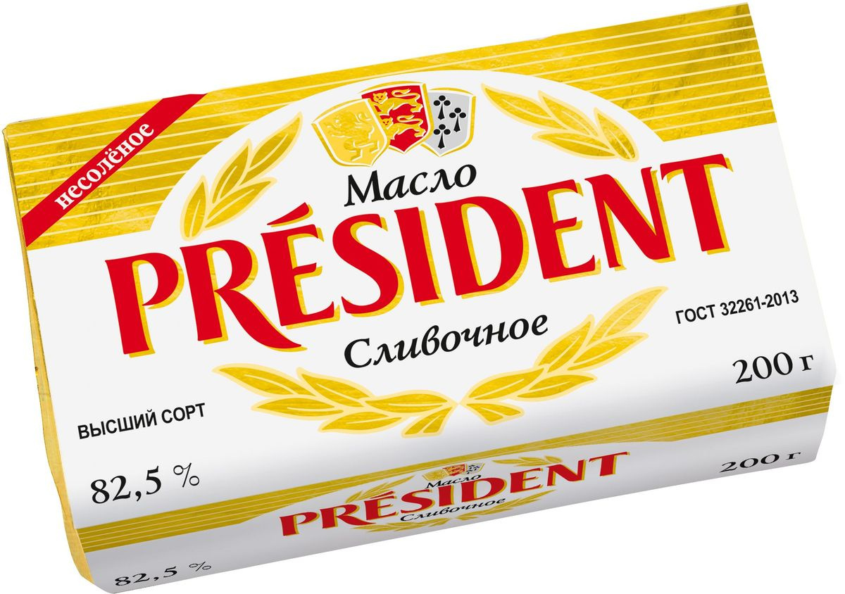 President Масло кисло-сливочное, несоленое 82,5%, 200 г — купить в ...