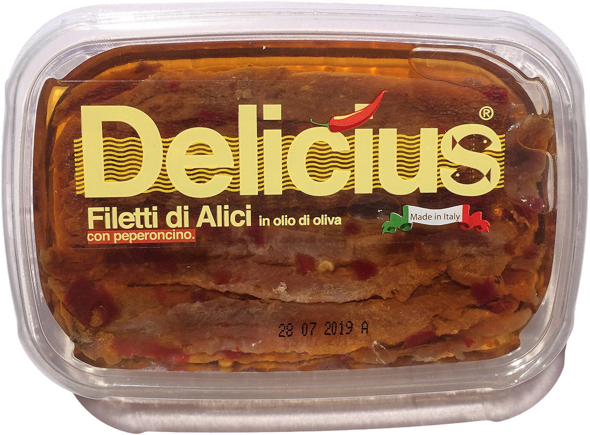 Анчоусы европейские Delicius, филе, с перцем, в оливковом масле (37% ...
