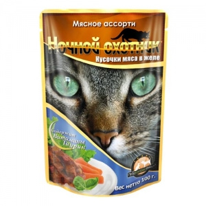 Купить Консервы для взрослых кошек Ночной охотник, с мясным ассорти в желе, 100 г