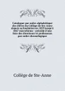 Catalogue par ordre alphabetique des eleves du College de Ste-Anne depuis sa fondation en 1829 jusqu.a 1867 microforme : precede d.une liste des directeurs et professeurs par ordre chronologique - Collège de Ste-Anne