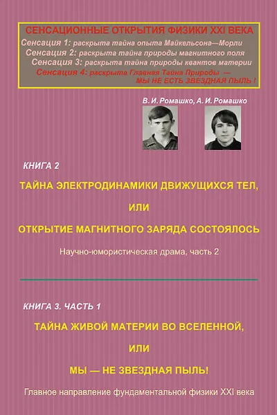 Обложка книги Сенсационные открытия физики XXI века. Книга 2. Тайна электродинамики движущихся тел, или Открытие магнитного заряда состоялось. Книга 3. Часть 1. Тайна живой материи во Вселенной, или Мы - не звездная пыль!, В. И. Ромашко, А. И. Ромашко