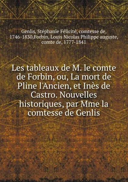 Обложка книги Les tableaux de M. le comte de Forbin, ou, La mort de Pline l.Ancien, et Ines de Castro. Nouvelles historiques, par Mme la comtesse de Genlis, Genlis Stéphanie Félicité