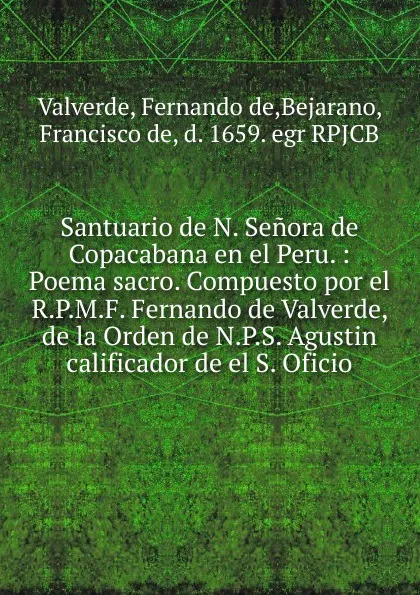 Обложка книги Santuario de N. Senora de Copacabana en el Peru., Fernando de Valverde