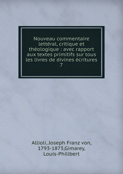 Обложка книги Nouveau commentaire letteral, critique et theologique, Joseph Franz von Allioli