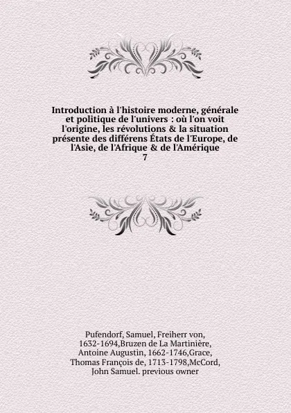 Обложка книги Introduction a l.histoire moderne, generale et politique de l.univers, Samuel Pufendorf