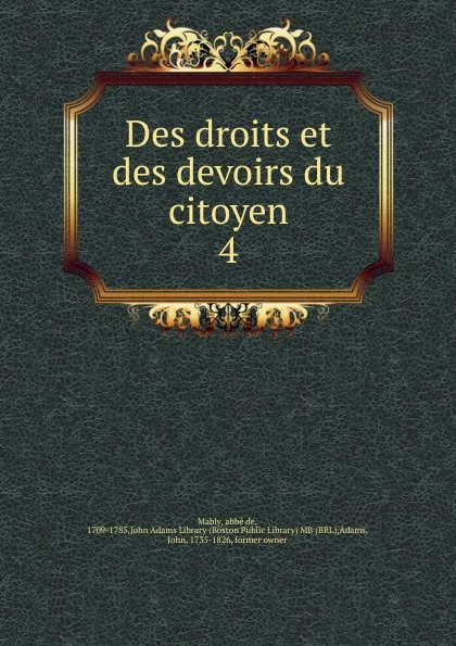 Обложка книги Des droits et des devoirs du citoyen, abbé de Mably