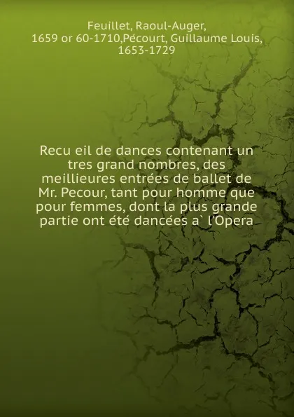 Обложка книги Recueil de dances contenant un tres grand nombres, des meillieures entrees de ballet de Mr. Pecour, tant pour homme que pour femmes, dont la plus grande partie ont ete dancees a l.Opera, Raoul-Auger Feuillet