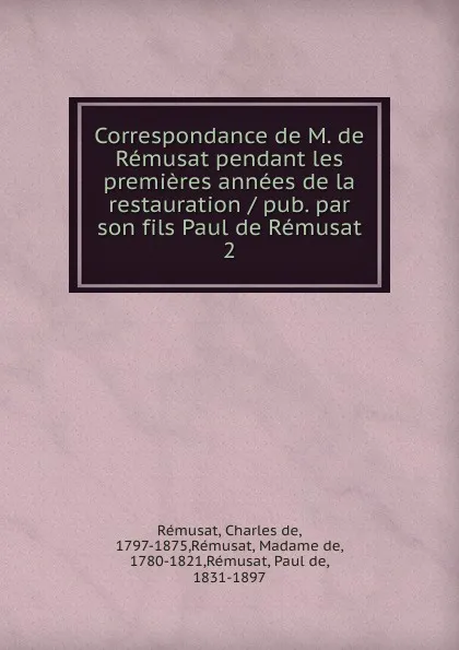 Обложка книги Correspondance de M. de Remusat pendant les premieres annees de la restauration pub. par son fils Paul de Remusat, Charles de Rémusat