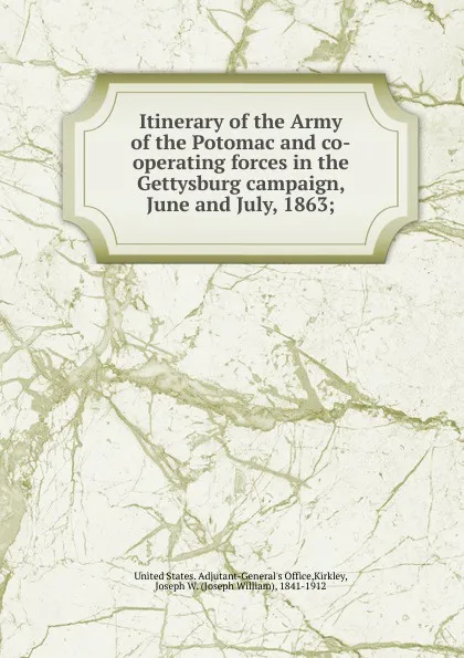 Обложка книги Itinerary of the Army of the Potomac and co-operating forces in the Gettysburg campaign, June and July, 1863, Joseph William Kirkley