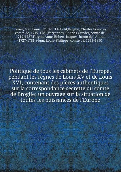 Обложка книги Politique de tous les cabinets de l.Europe, pendant les regnes de Louis XV et de Louis XVI; contenant des pieces authentiques sur la correspondance secrette du comte de Broglie; un ouvrage sur la situation de toutes les puissances de l.Europe, Jean Louis Favier